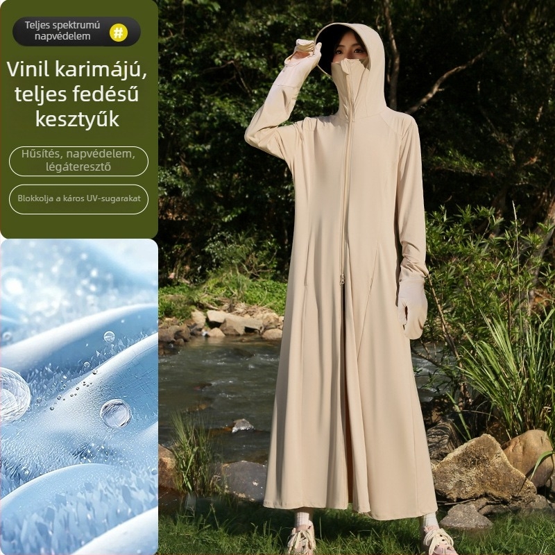 Női hosszú, vékony napvédő kabát, nyárra, lélegző Ice Silk anyagból, kapucnival, UPF50+, szabadtéri tevékenységekhez