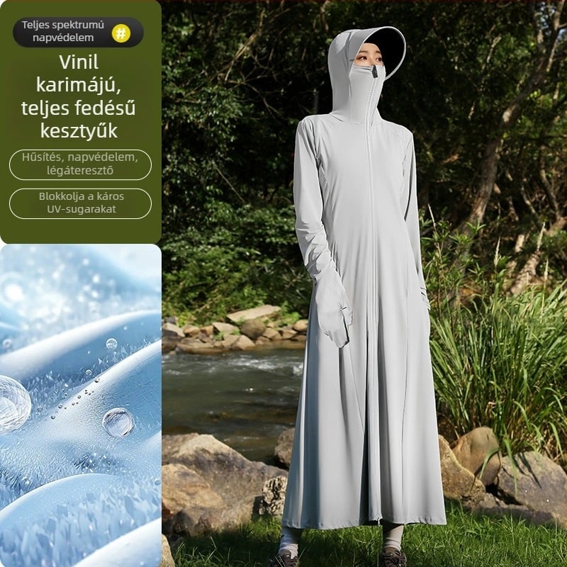 Női hosszú, vékony napvédő kabát, nyárra, lélegző Ice Silk anyagból, kapucnival, UPF50+, szabadtéri tevékenységekhez