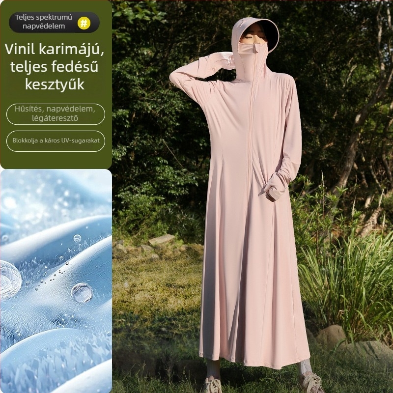 Női hosszú, vékony napvédő kabát, nyárra, lélegző Ice Silk anyagból, kapucnival, UPF50+, szabadtéri tevékenységekhez