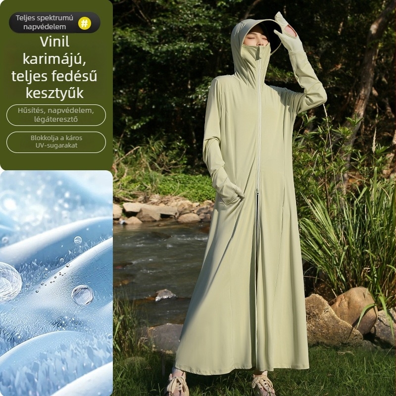 Női hosszú, vékony napvédő kabát, nyárra, lélegző Ice Silk anyagból, kapucnival, UPF50+, szabadtéri tevékenységekhez