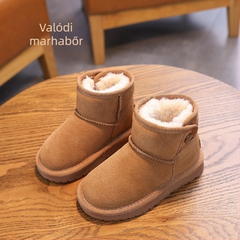 Valódi marhabőr téli gyerekcsizmák hóban, meleg bélésse, vastag talppal, Velcro-zárás, koreai stílus