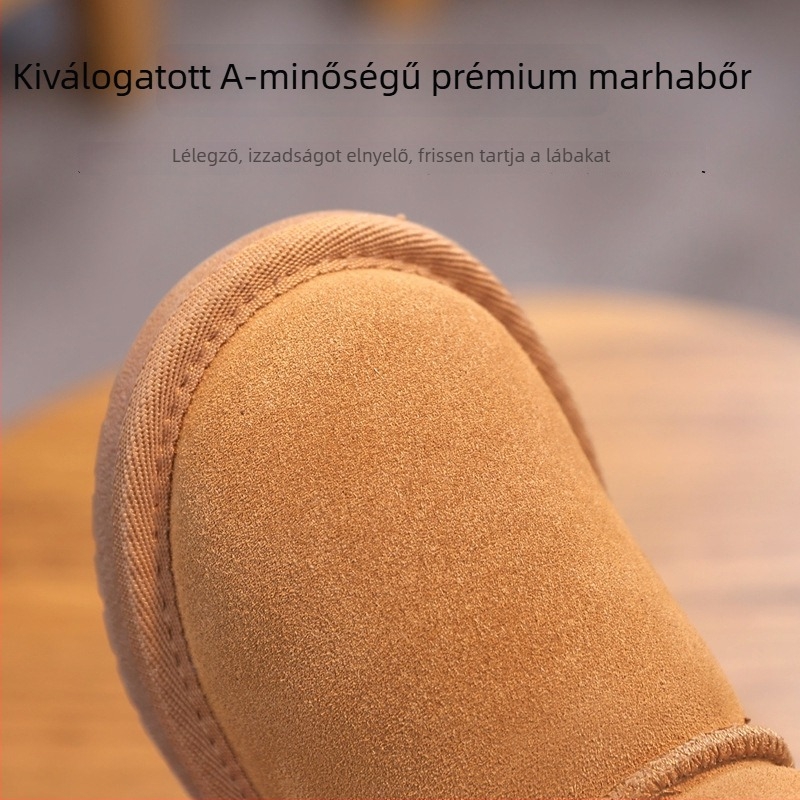 Valódi marhabőr téli gyerekcsizmák hóban, meleg bélésse, vastag talppal, Velcro-zárás, koreai stílus