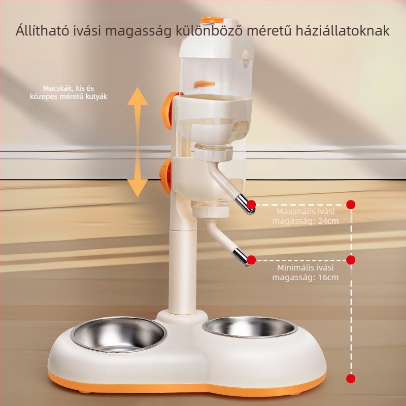 Automatikus itató etető készülék háziállatok számára rozsdamentes acélból készült dupla tálkával, ütésálló, szabályozható etetés