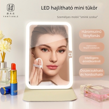 Sminktükör világítással, hordozható, összecsukható asztali tükör, ABS keret, reflexiós felület