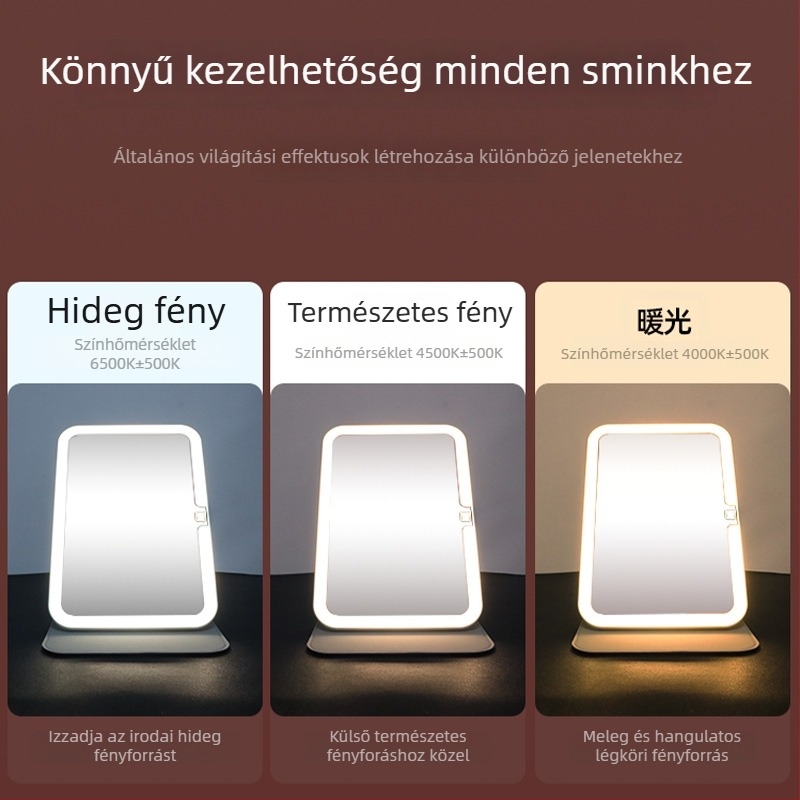Sminktükör világítással, hordozható, összecsukható asztali tükör, ABS keret, reflexiós felület