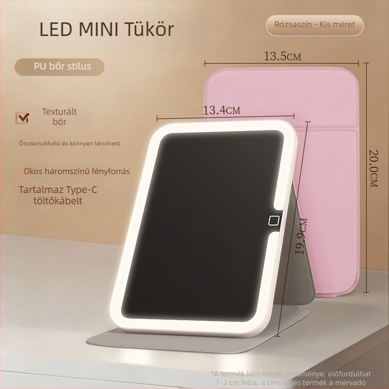 Sminktükör világítással, hordozható, összecsukható asztali tükör, ABS keret, reflexiós felület