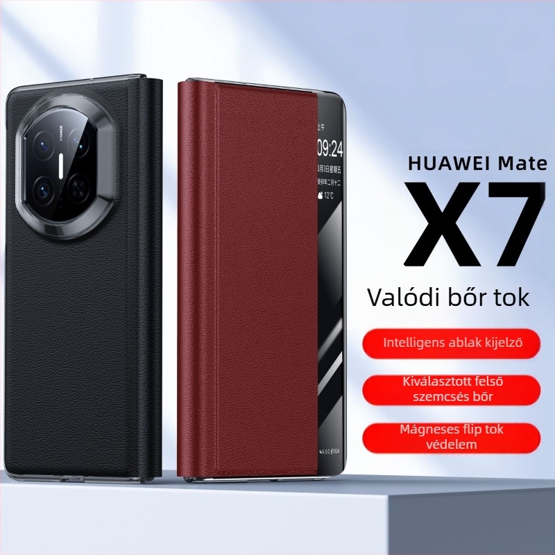 Huawei Mate X7 valódi Nappa bőrből készült tok, perforált mintával, X5X6 intelligens kilátás-állvány védelem