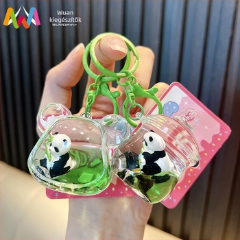 Akril kulcstartó Panda bambusz – olajjal töltött, rajzfilmszerű stílus, Woan márka, egyedi csomagolás