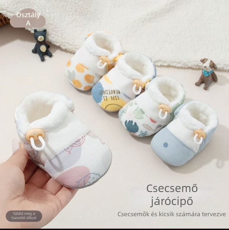 Pamut babacipő csatos zárással, állatmintás, puha talpú, csúszásmentes, 12–48 hónapos korosztálynak