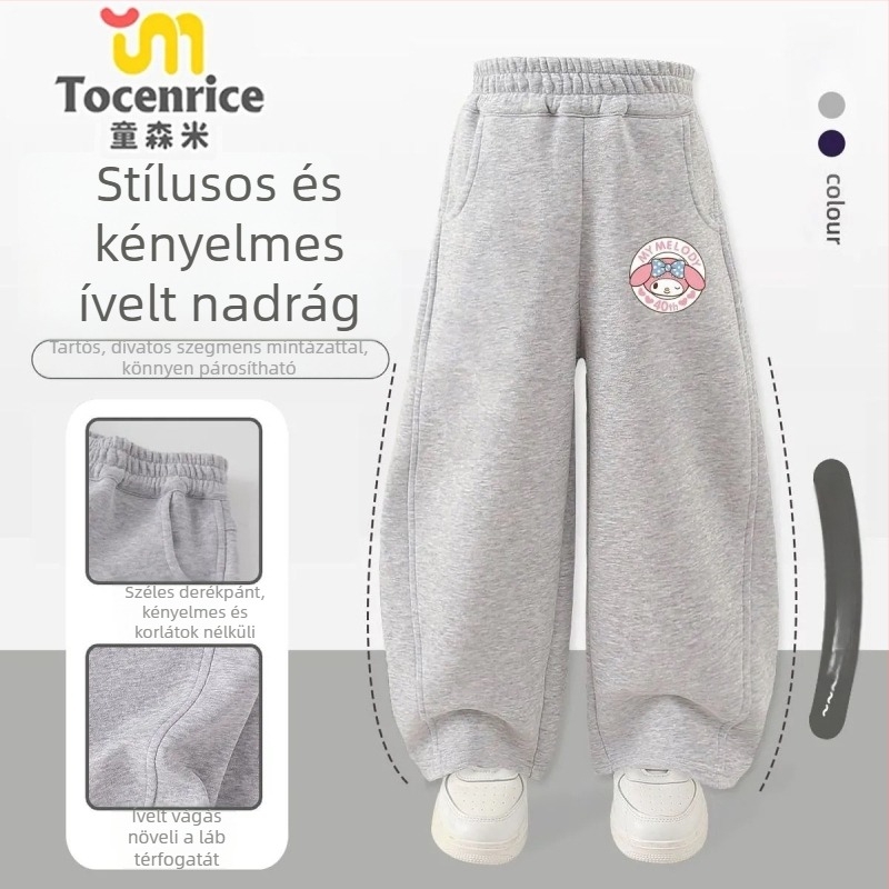 Lányoknak való kordbársony nadrág nyúlszőrrel, My Melody & Kuromi témájú, koreai stílus, 2025 tavasz – 3–8 éves korosztálynak.