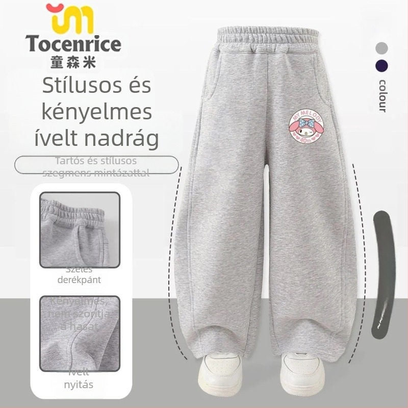 Lányoknak való kordbársony nadrág nyúlszőrrel, My Melody & Kuromi témájú, koreai stílus, 2025 tavasz – 3–8 éves korosztálynak.