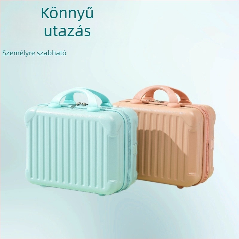 Mini szatchel utazáshoz, ABS anyag, súly 0,8 kg, cipzáras nyitás, egyirányú kerekek, poliészter bélés