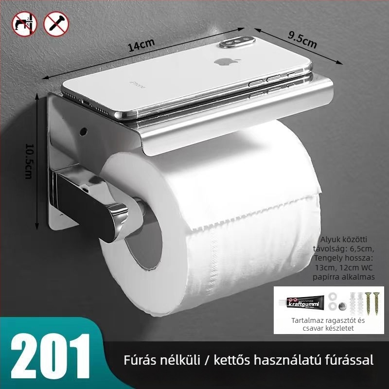 304 rozsdamentes acél WC-papírtartó, négyzet alakú, tükörfényes felület, furat nélküli szerelés, modern minimalista stílus