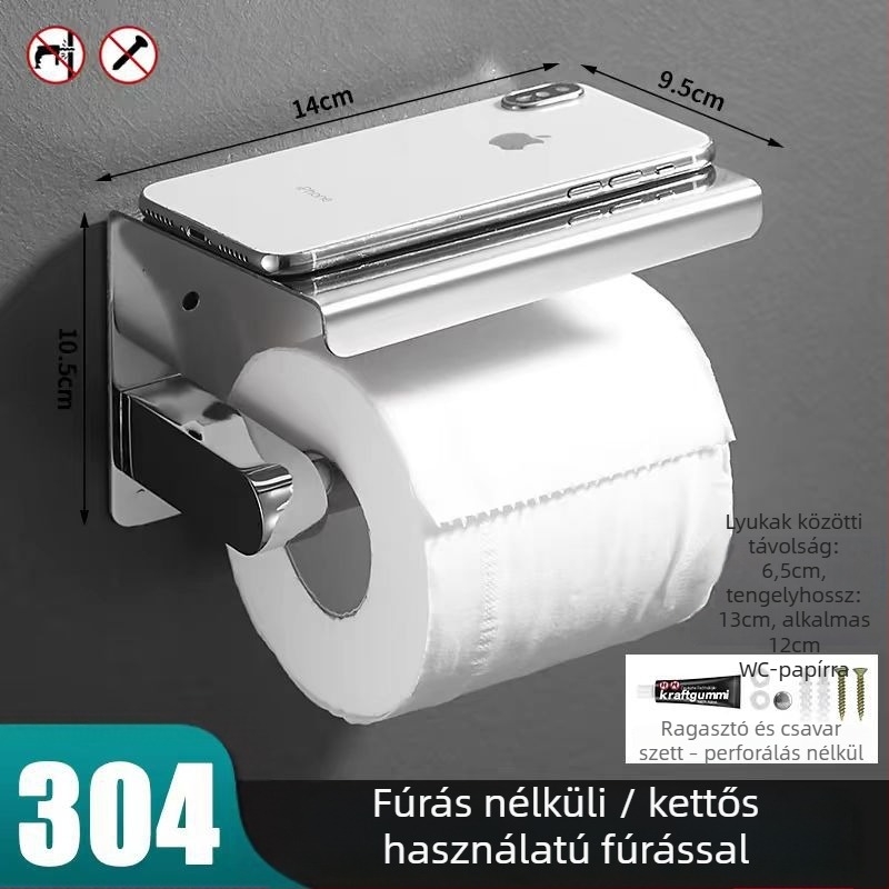 304 rozsdamentes acél WC-papírtartó, négyzet alakú, tükörfényes felület, furat nélküli szerelés, modern minimalista stílus