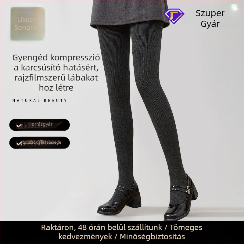 Szürke pamut ribbed harisnyanadrág fleece béléssel, vastagított változat, őszi–téli időszakra, egyrészes, lábformáló hatás