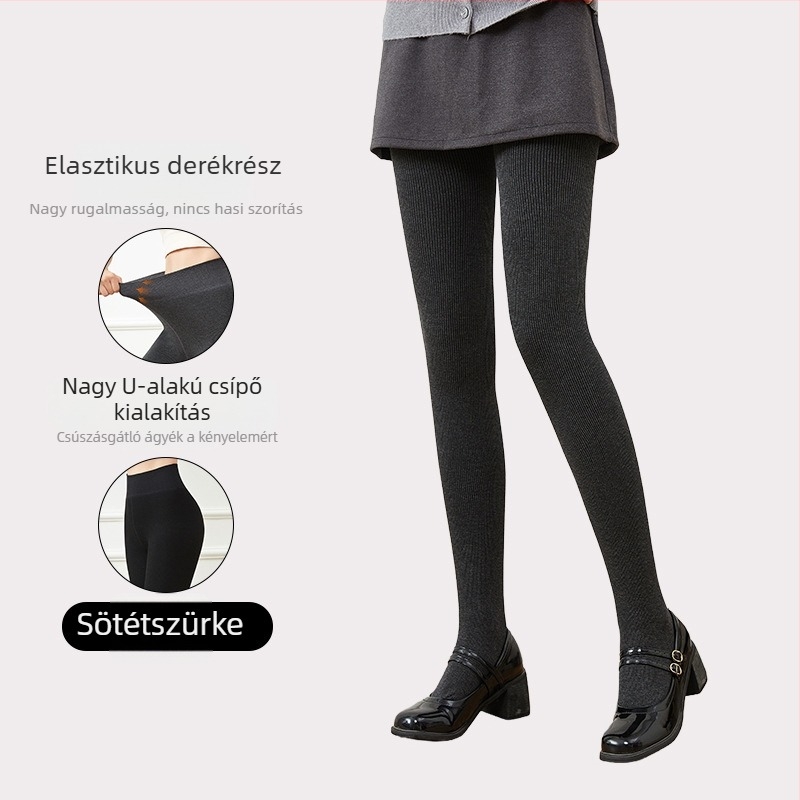 Szürke pamut ribbed harisnyanadrág fleece béléssel, vastagított változat, őszi–téli időszakra, egyrészes, lábformáló hatás