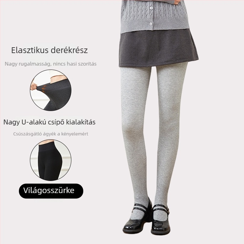 Szürke pamut ribbed harisnyanadrág fleece béléssel, vastagított változat, őszi–téli időszakra, egyrészes, lábformáló hatás