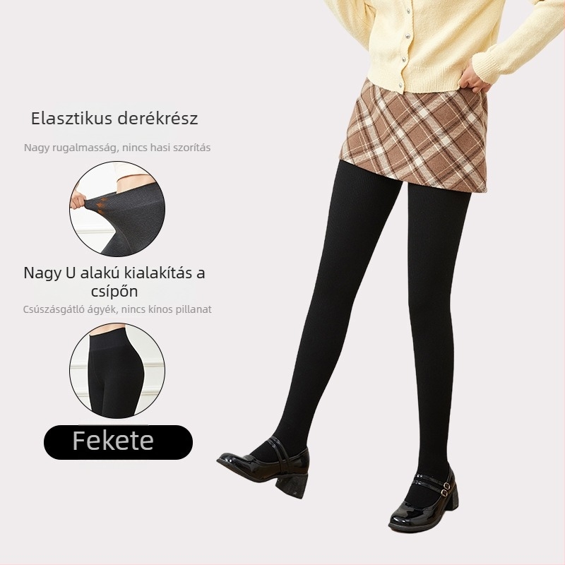 Szürke pamut ribbed harisnyanadrág fleece béléssel, vastagított változat, őszi–téli időszakra, egyrészes, lábformáló hatás