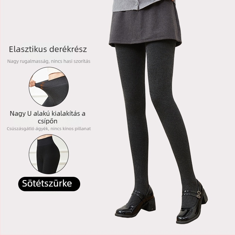 Szürke pamut ribbed harisnyanadrág fleece béléssel, vastagított változat, őszi–téli időszakra, egyrészes, lábformáló hatás