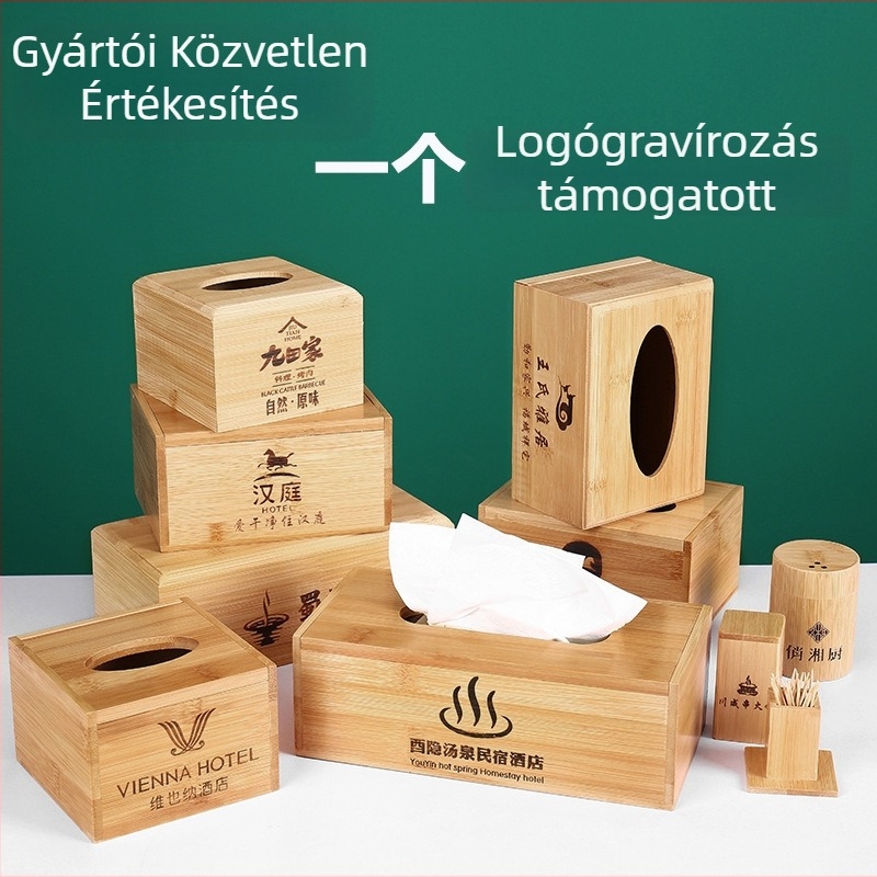 Bambusz papírzsebkendő tartó logóval – modell 001, testreszabható, többször használható, modern minimalista stílus, szállodák és éttermek számára