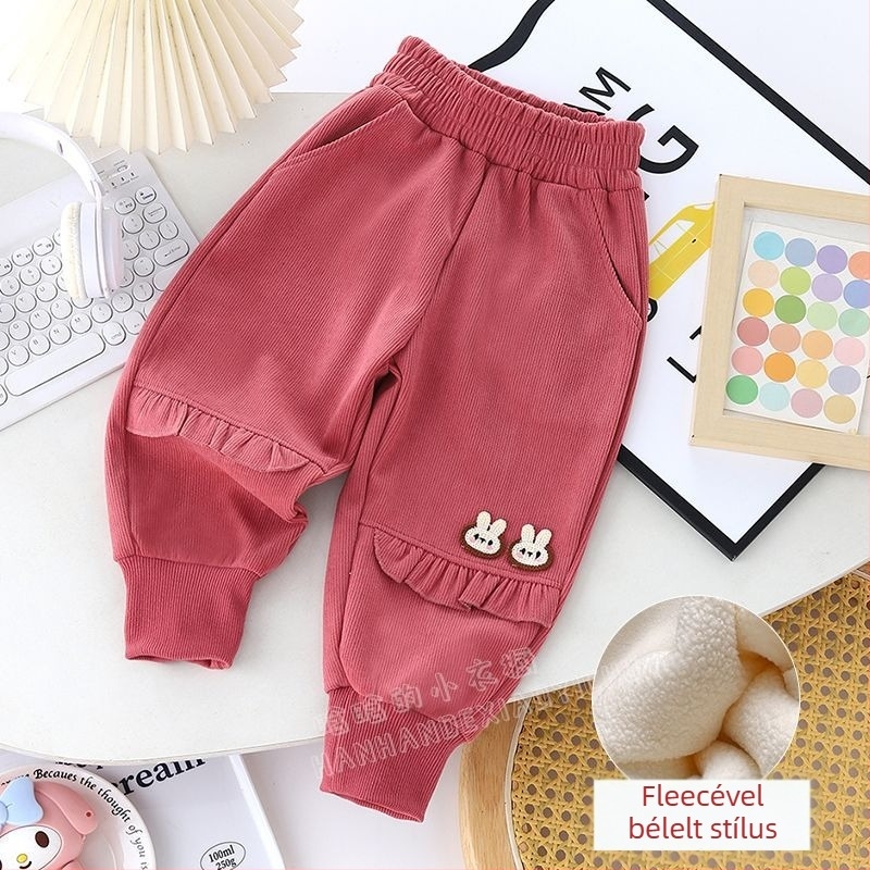 Lányoknak tervezett fleece-bevonatú, lazán szabott koreai stílusú sportnadrág csipkés szegéllyel, újszülötteknek 0–12 hónap, tavasz–ősz
