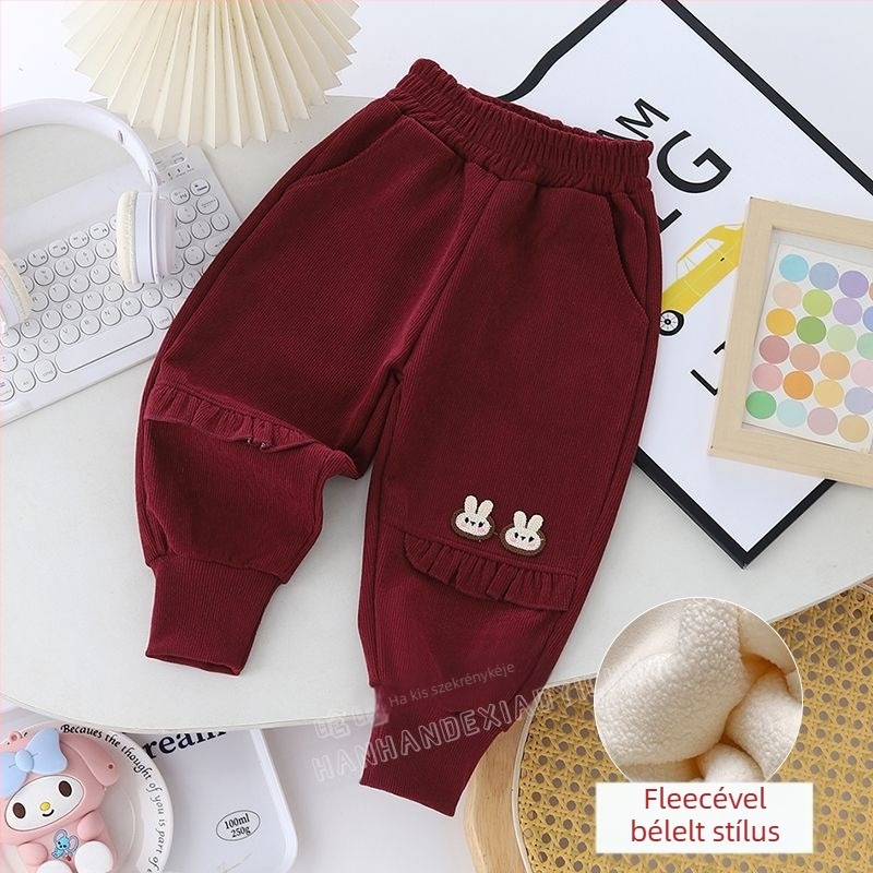 Lányoknak tervezett fleece-bevonatú, lazán szabott koreai stílusú sportnadrág csipkés szegéllyel, újszülötteknek 0–12 hónap, tavasz–ősz