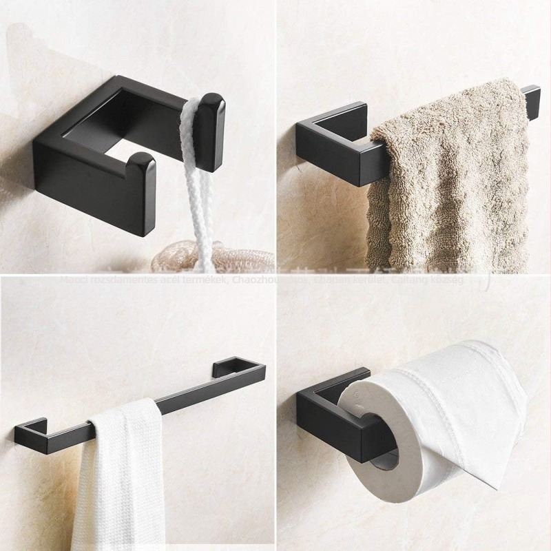 304 rozsdamentes acél fürdőszobai hardver készlet spray felülettel; tartalmaz törölközőtartót, ruhakarcolót és vécépapírtartót; Maochi márka; modern minimalist stílus; készletek 2–6+ darab