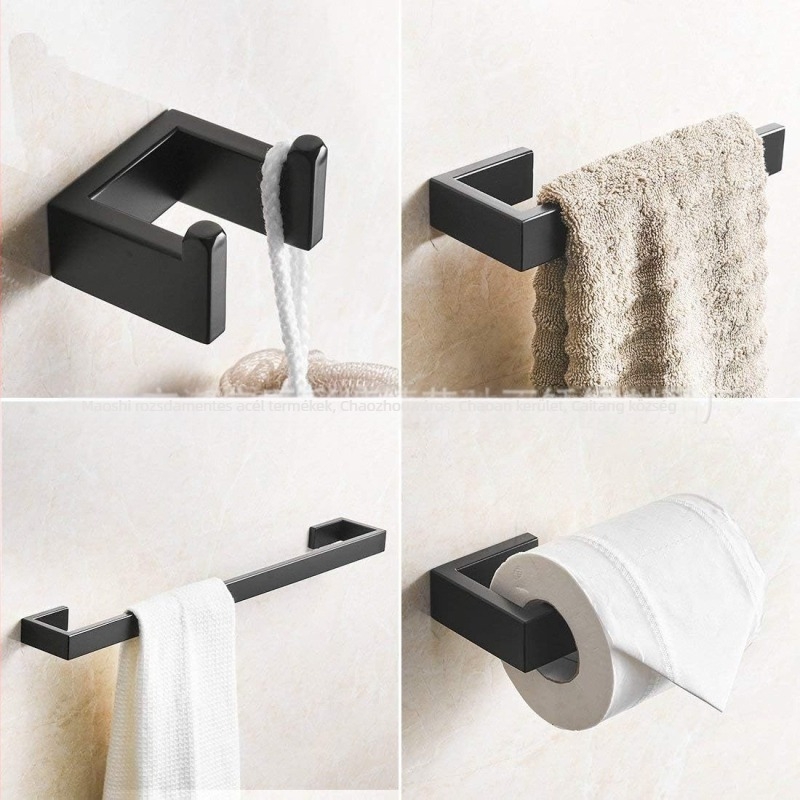 304 rozsdamentes acél fürdőszobai hardver készlet spray felülettel; tartalmaz törölközőtartót, ruhakarcolót és vécépapírtartót; Maochi márka; modern minimalist stílus; készletek 2–6+ darab
