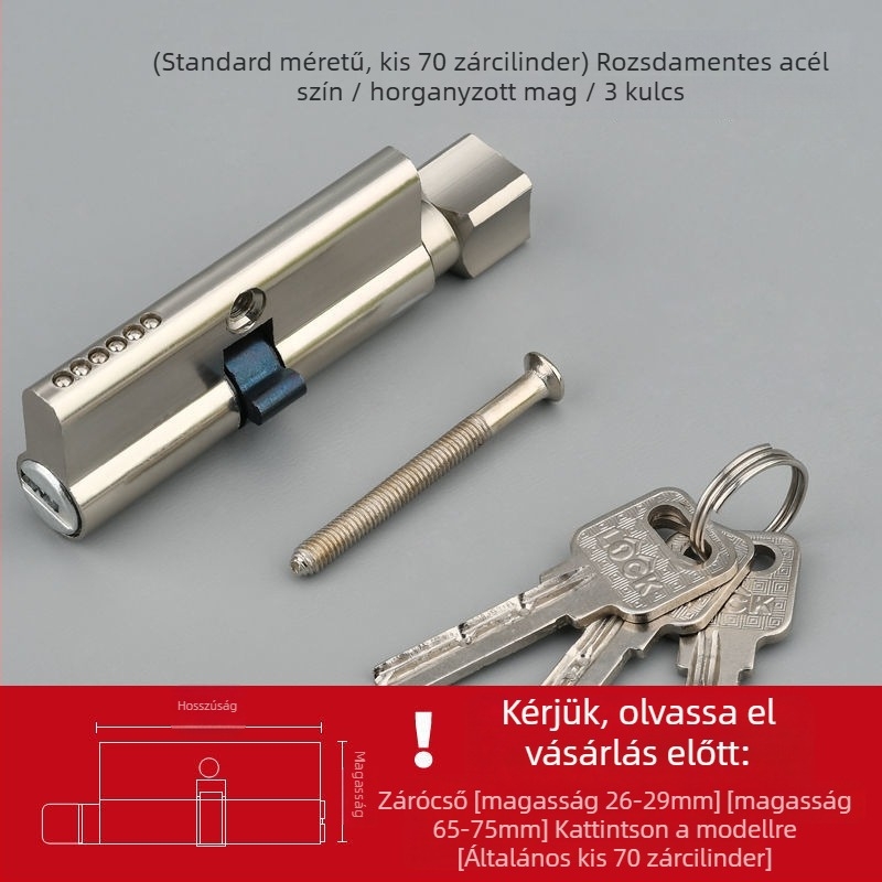 Ajtózár cilinder beltéri fa ajtókhoz, gömbzár típus, alumínium bevonatú rézkonstrukció