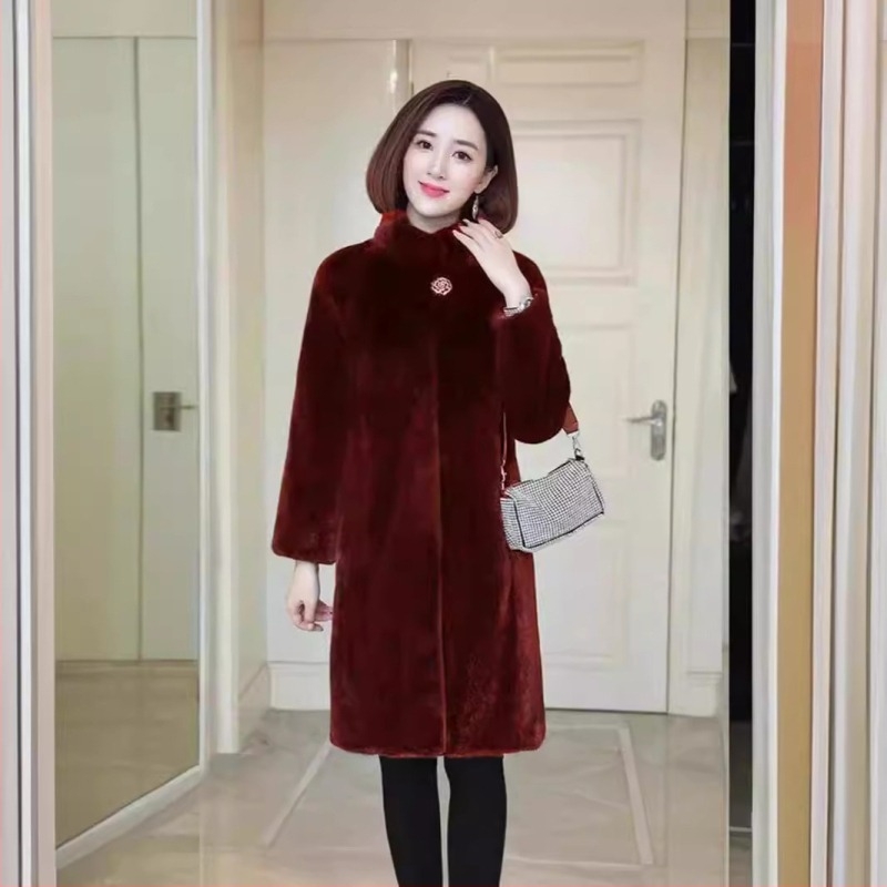 Női középhosszú műszőrmés kabát, álló gallérral, hosszú ujjú, imitációs szőrméből, koreai városi stílus