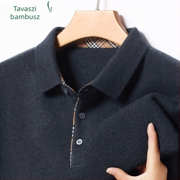 Férfi 100% kasmír galléros polo pulóver, vast kötés, hosszú ujjú, jacquard