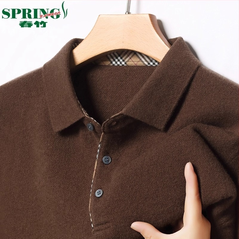 Férfi 100% kasmír galléros polo pulóver, vast kötés, hosszú ujjú, jacquard