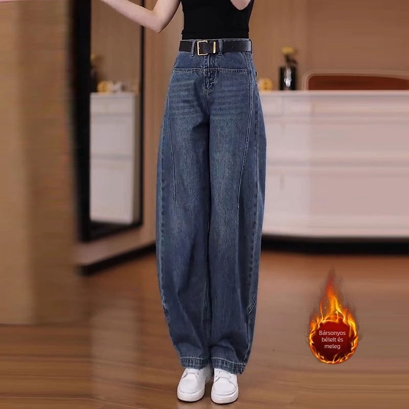 Farmernadrág szimitar siluettel, magas derekú, pamut–polyészter keverék, mikroelasztikusság, velúr felület – mindennapi egyenes szárú nadrág