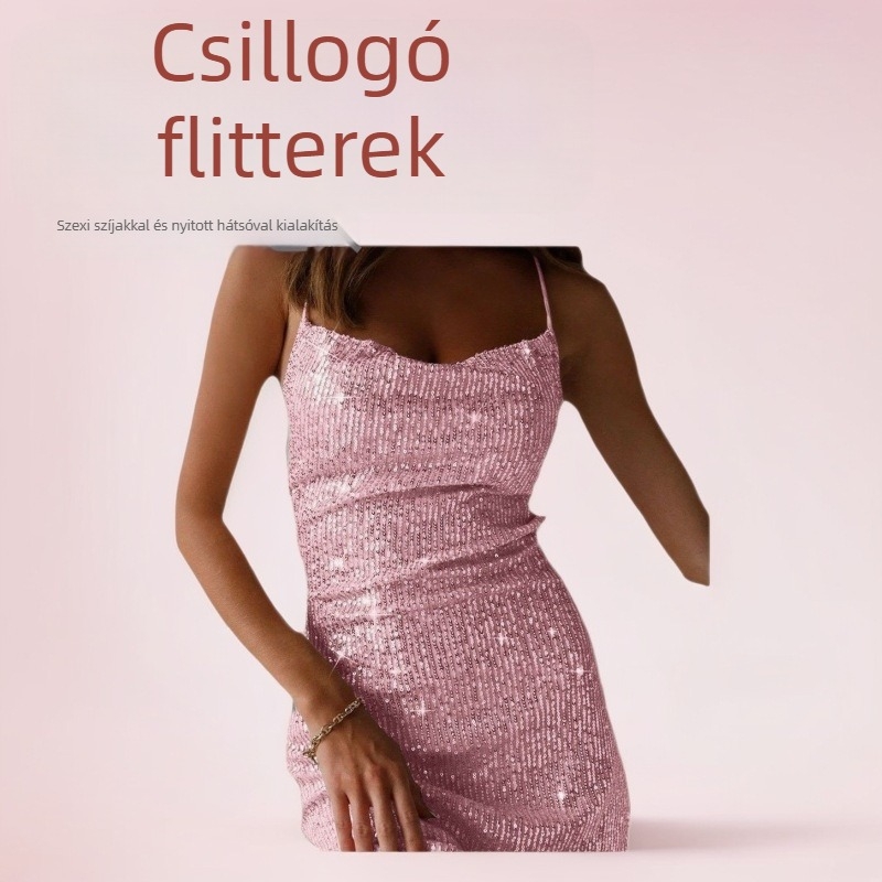 Gyöngyös flitteres miniruha váll nélküli, hátsó rész nyitott, magas derekú, rövid szoknyás, poliészter-spandex anyag