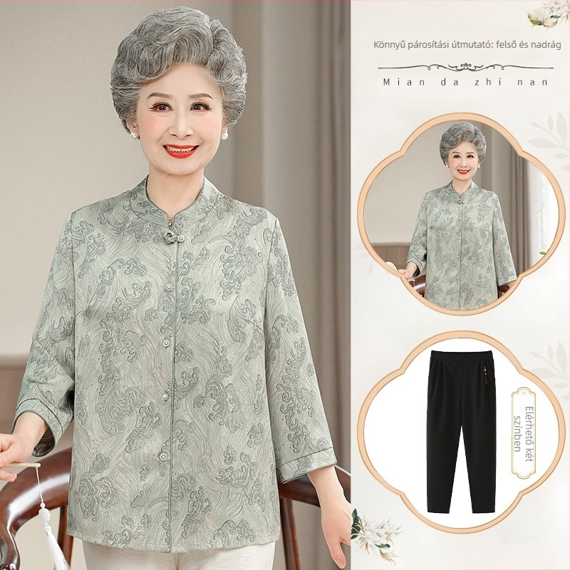 Idősebb nők számára ing és kardigán, kínai stílus, irodalmi retro, szöveti összetétel 30–50%, gallér nélkül