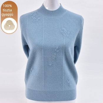 Női kötött pulóver ice-silk anyagból, hímzéssel, fél magas gallérral és hercegnő ujjaival