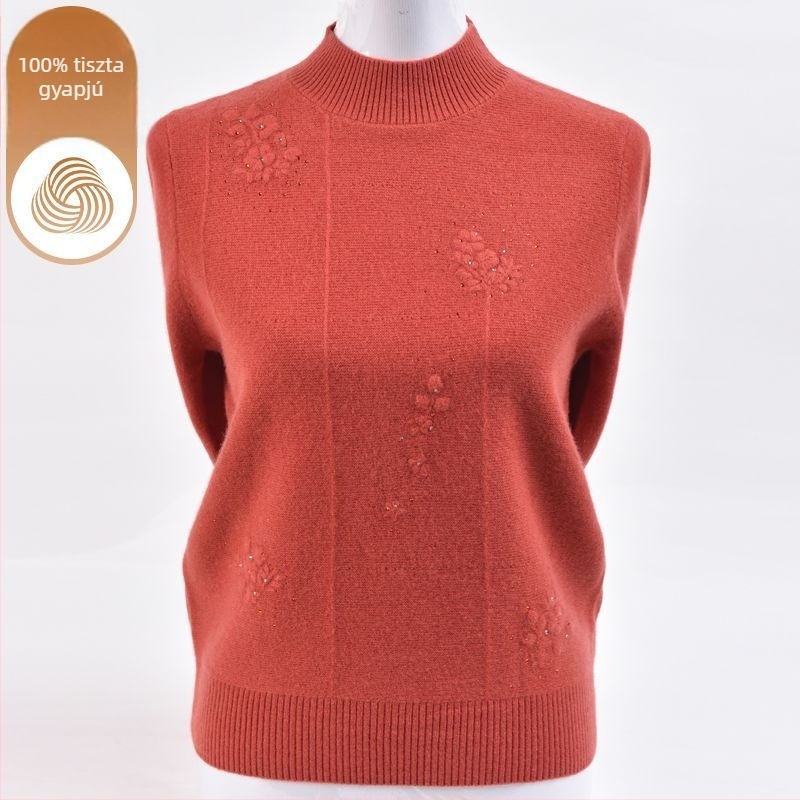 Női kötött pulóver ice-silk anyagból, hímzéssel, fél magas gallérral és hercegnő ujjaival