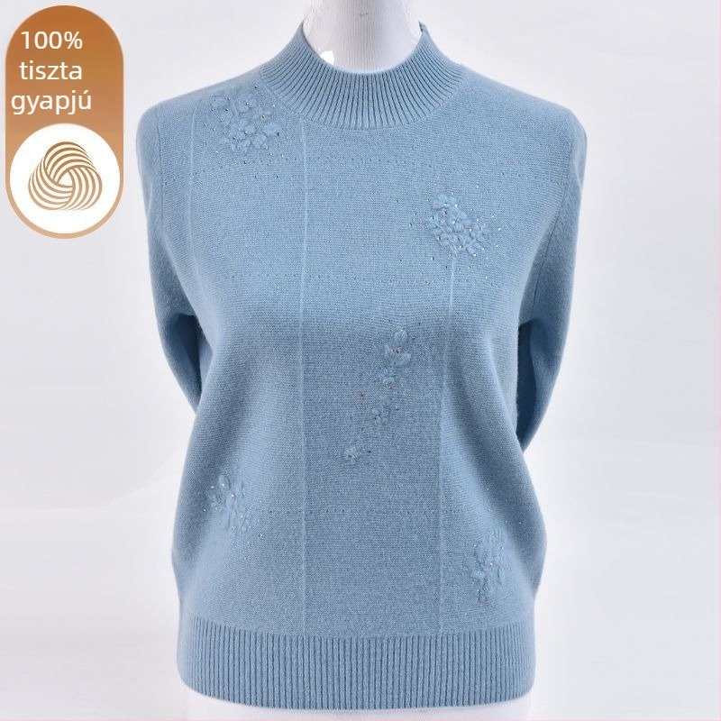 Női kötött pulóver ice-silk anyagból, hímzéssel, fél magas gallérral és hercegnő ujjaival