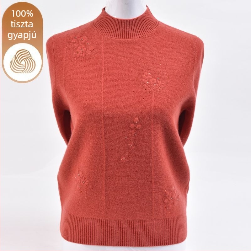 Női kötött pulóver ice-silk anyagból, hímzéssel, fél magas gallérral és hercegnő ujjaival