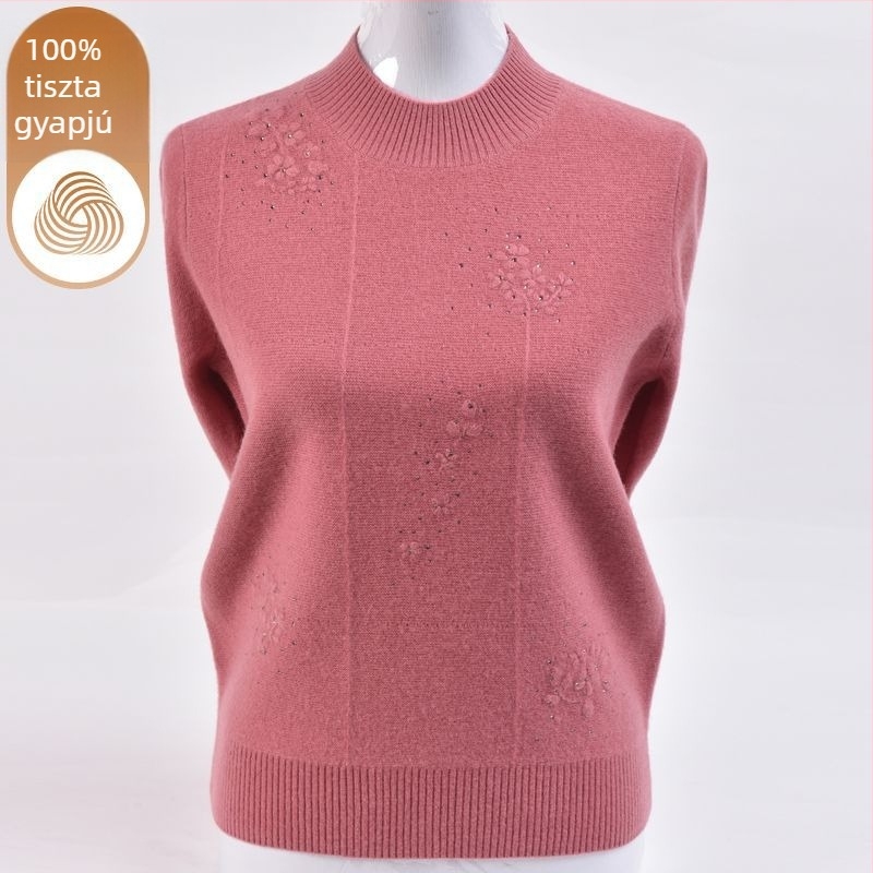 Női kötött pulóver ice-silk anyagból, hímzéssel, fél magas gallérral és hercegnő ujjaival