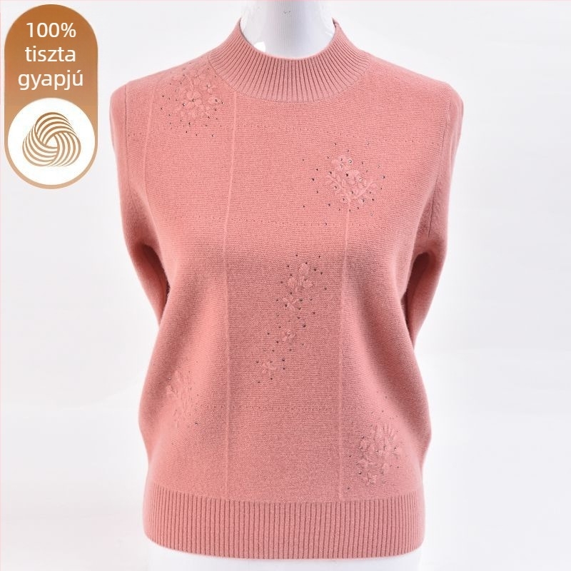 Női kötött pulóver ice-silk anyagból, hímzéssel, fél magas gallérral és hercegnő ujjaival