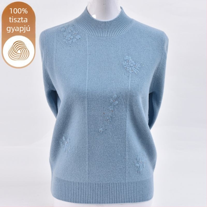 Női kötött pulóver ice-silk anyagból, hímzéssel, fél magas gallérral és hercegnő ujjaival