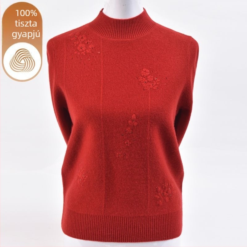 Női kötött pulóver ice-silk anyagból, hímzéssel, fél magas gallérral és hercegnő ujjaival