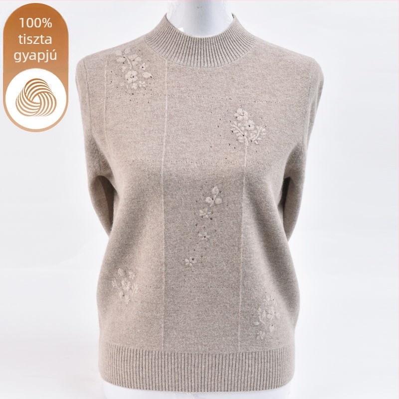 Női kötött pulóver ice-silk anyagból, hímzéssel, fél magas gallérral és hercegnő ujjaival