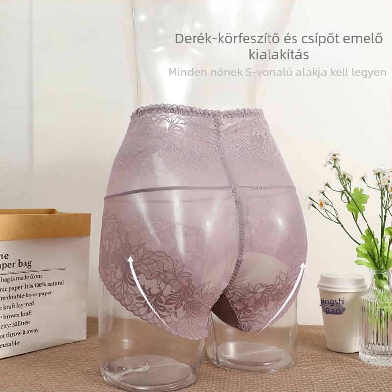 Női magas derekú csipkés fehérnemű, virágmintás jacquard, nylon 90–95%, pamut belső bélés, légáteresztő hasi támogatás