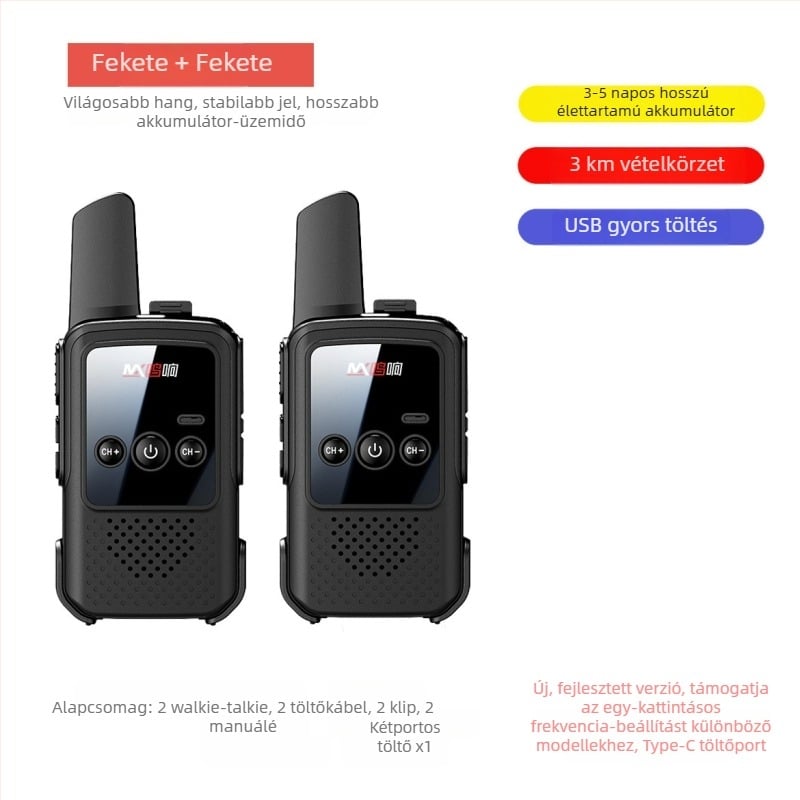 Kézi Walkie-Talkie – Mini, hosszú hatótávolság 5–10 km, 400–470 MHz, 16 csatorna, kimeneti teljesítmény 5 W