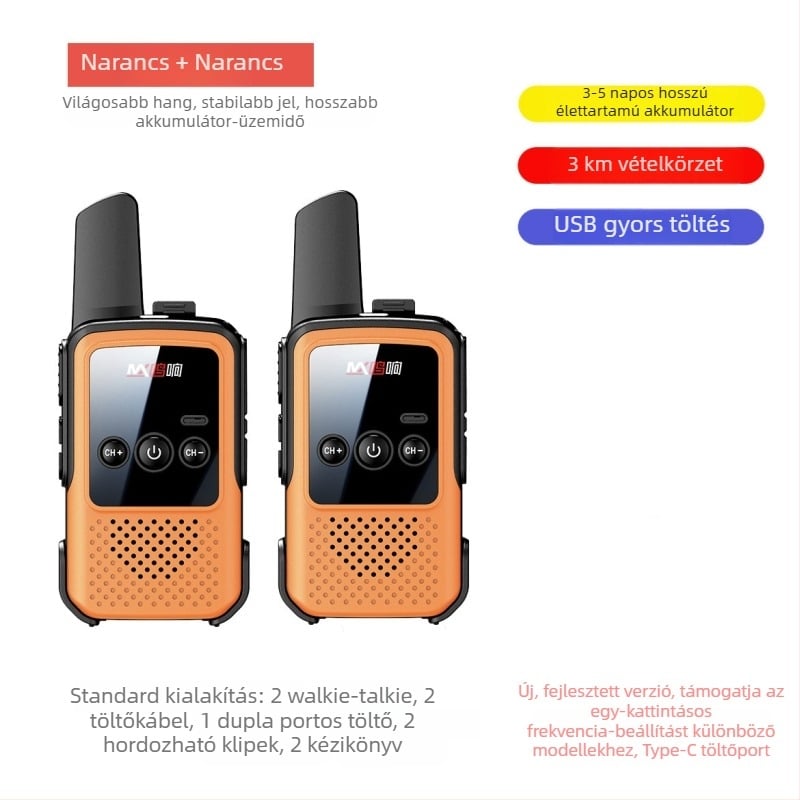 Kézi Walkie-Talkie – Mini, hosszú hatótávolság 5–10 km, 400–470 MHz, 16 csatorna, kimeneti teljesítmény 5 W