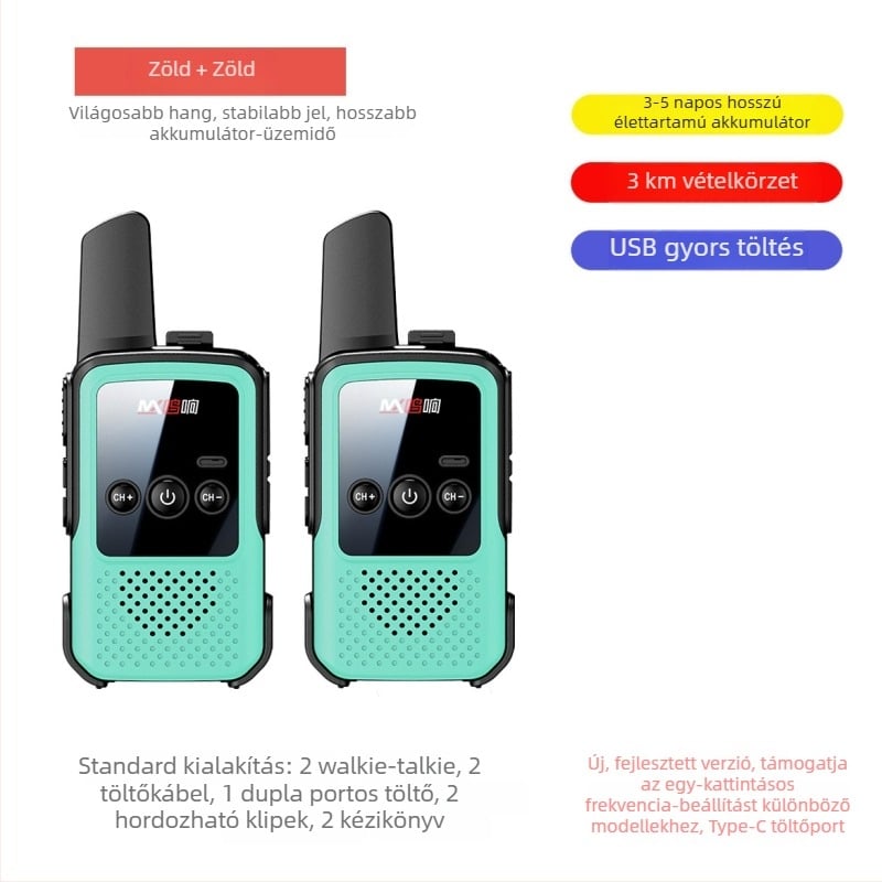 Kézi Walkie-Talkie – Mini, hosszú hatótávolság 5–10 km, 400–470 MHz, 16 csatorna, kimeneti teljesítmény 5 W