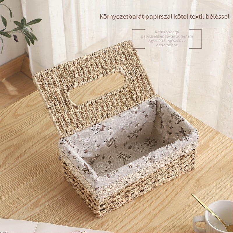 Többfunkciós asztali papírzsebkendő-doboz – kézzel fonott, fűzfa/szalma/bambusz anyagból, asztali, pásztor-stílusú, nappaliba