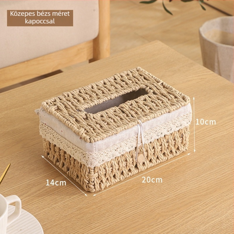 Többfunkciós asztali papírzsebkendő-doboz – kézzel fonott, fűzfa/szalma/bambusz anyagból, asztali, pásztor-stílusú, nappaliba
